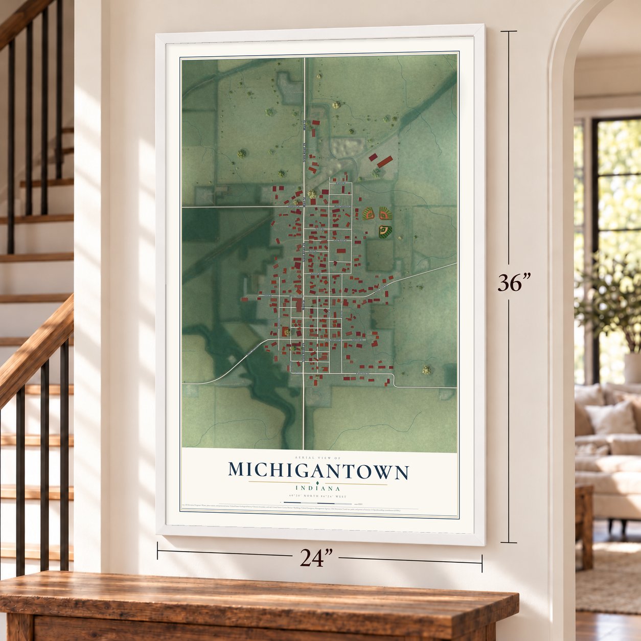 Michigantown, Indiana map, 24 x 36 inch print in a white frame by a staircase