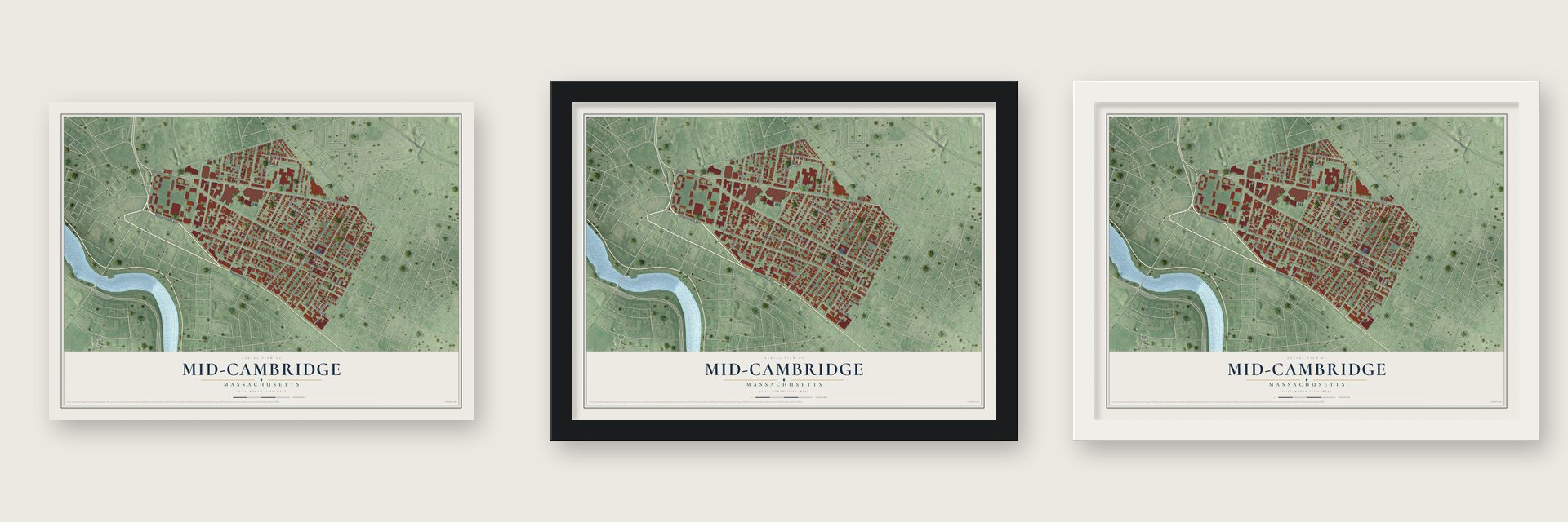 Mid-Cambridge, Massachusetts map unframed, in a black wood frame and in a white wood frame