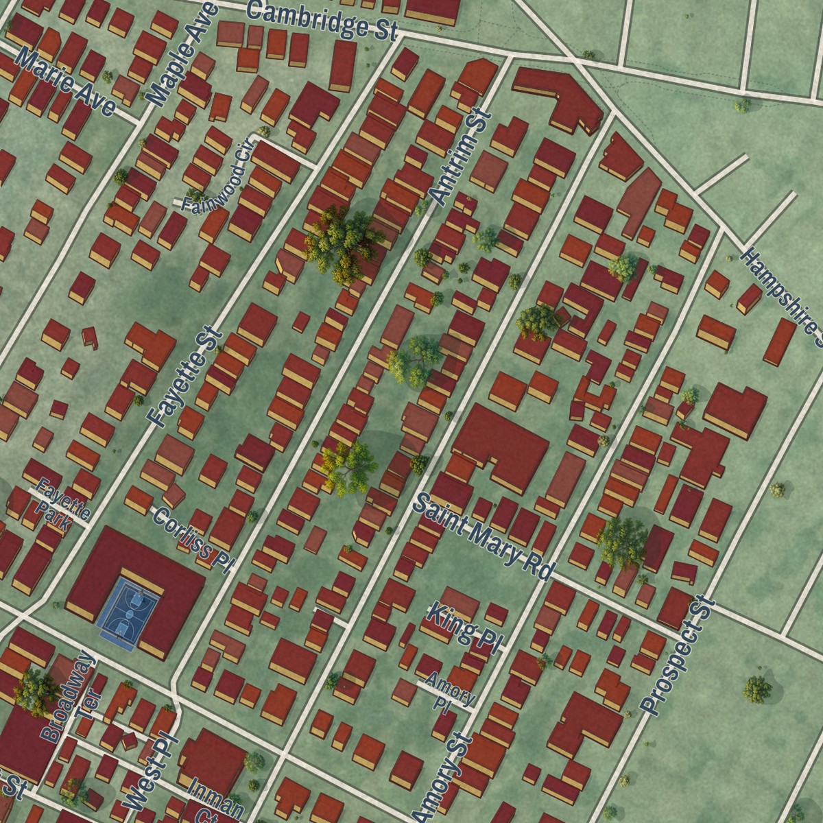 Second close-up of the map of Mid-Cambridge, Massachusetts print showing more streets and buildings
