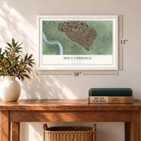 Mid-Cambridge, Massachusetts map, 12 x 18 inch print in a white frame in an entryway