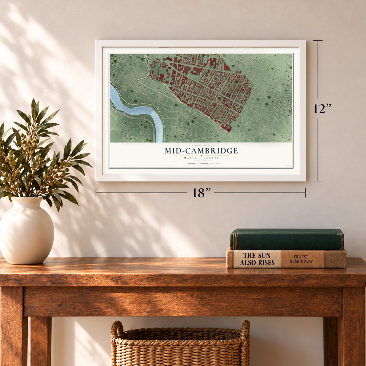 Mid-Cambridge, Massachusetts map, 12 x 18 inch print in a white frame in an entryway