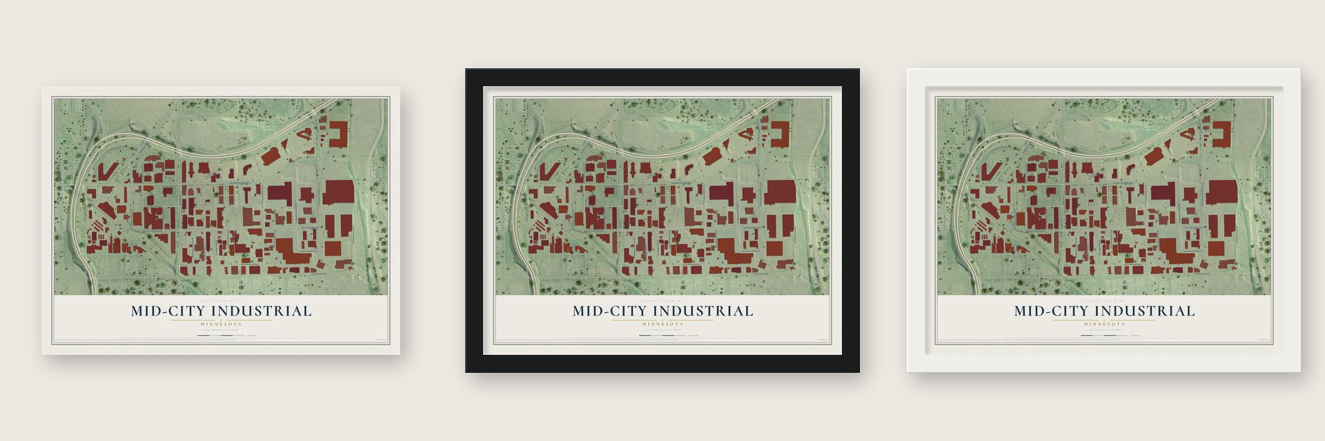 Mid-City Industrial, Minnesota map unframed, in a black wood frame and in a white wood frame