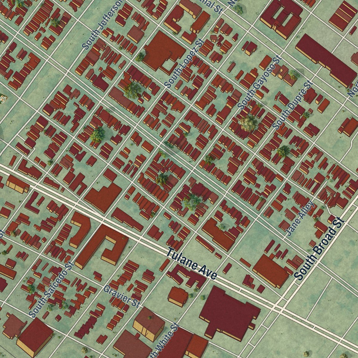 Second close-up of the map of Mid-City, Louisiana print showing more streets and buildings