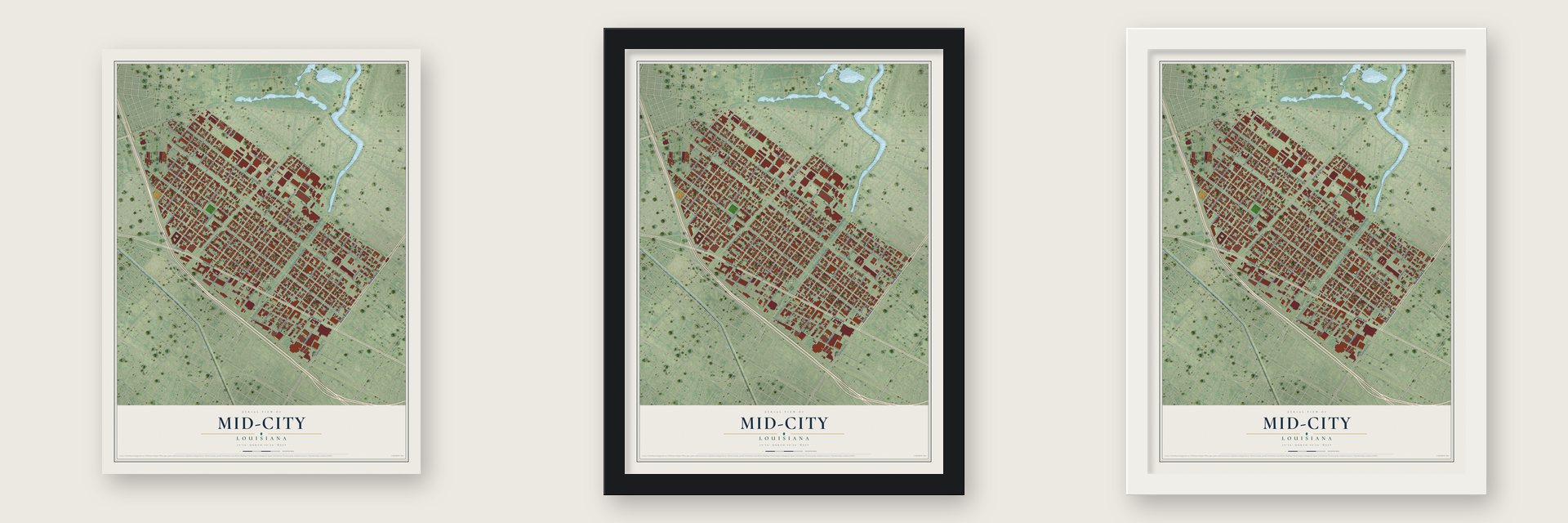 Mid-City, Louisiana map unframed, in a black wood frame and in a white wood frame
