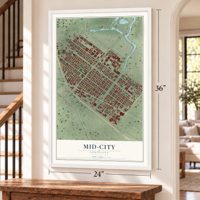 Mid-City, Louisiana map, 24 x 36 inch print in a white frame by a staircase