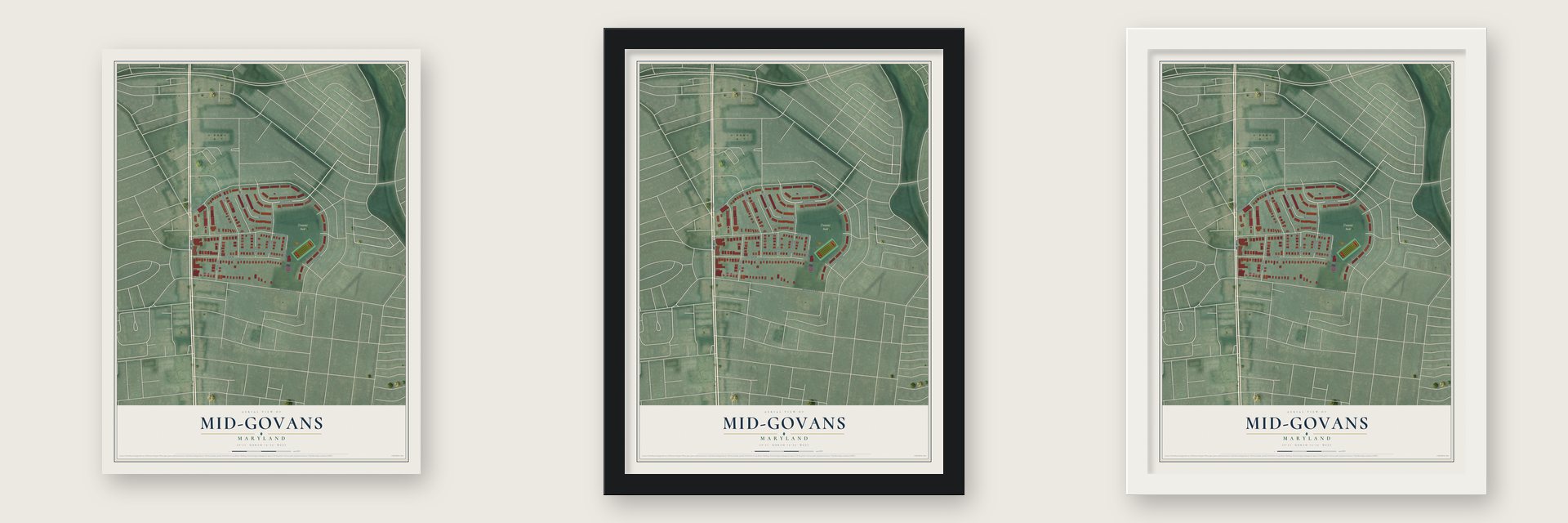 Mid-Govans, Maryland map unframed, in a black wood frame and in a white wood frame