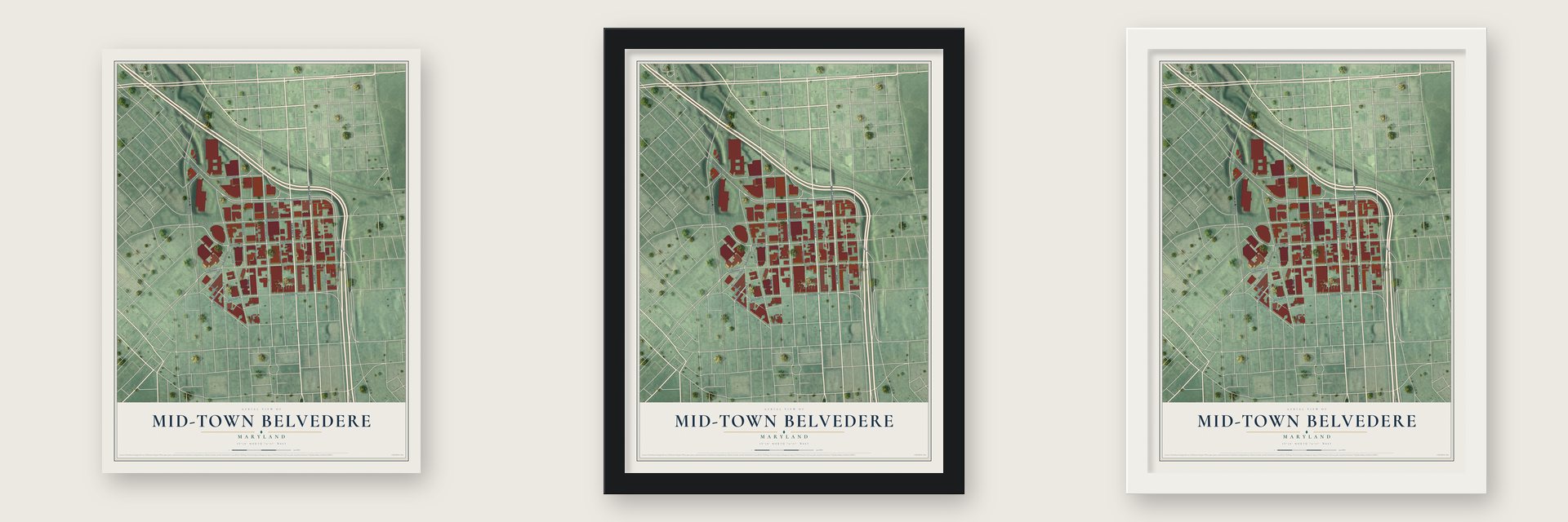 Mid-Town Belvedere, Maryland map unframed, in a black wood frame and in a white wood frame