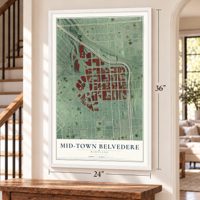Mid-Town Belvedere, Maryland map, 24 x 36 inch print in a white frame by a staircase