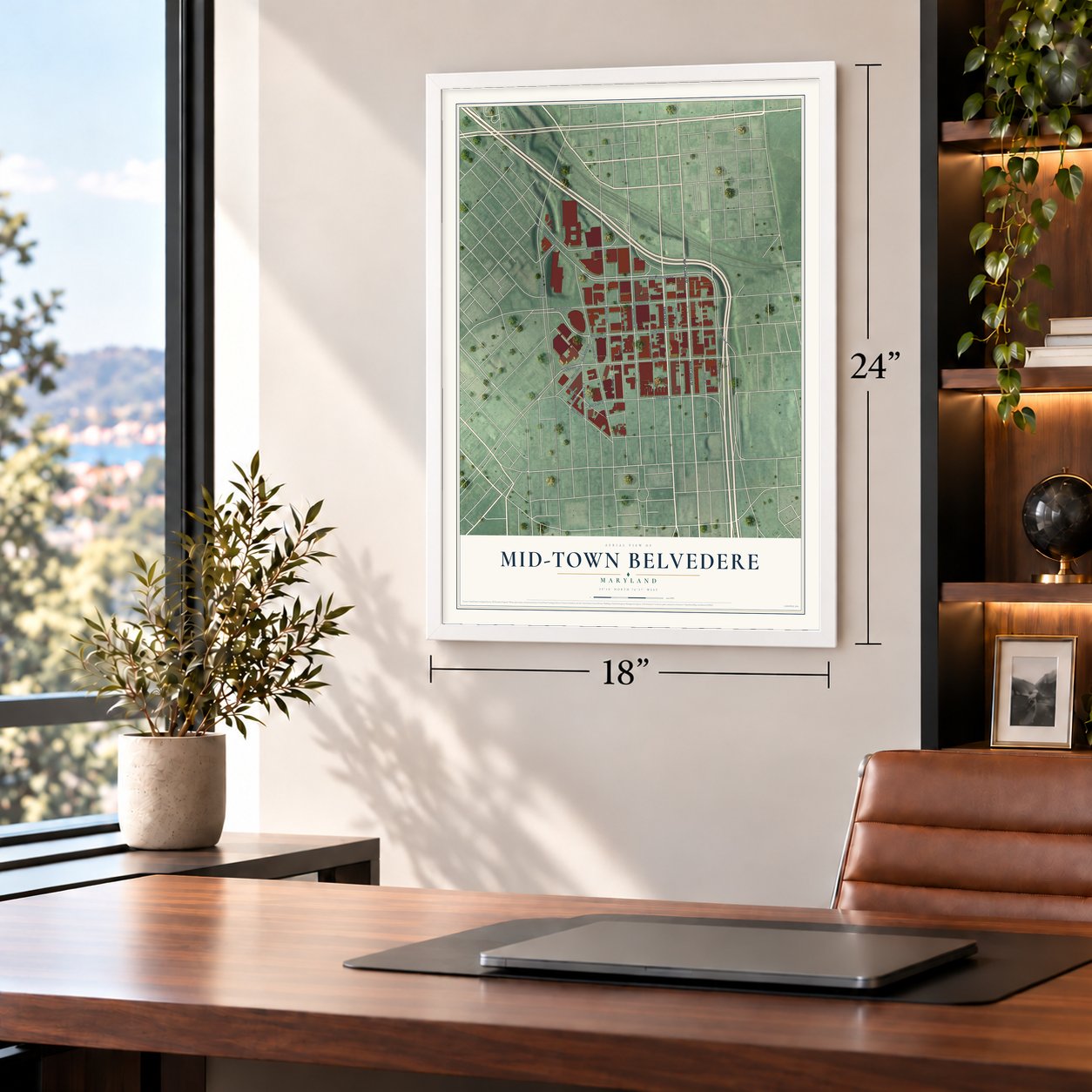 Mid-Town Belvedere, Maryland map, 18 x 24 inch print in a white frame in a home office