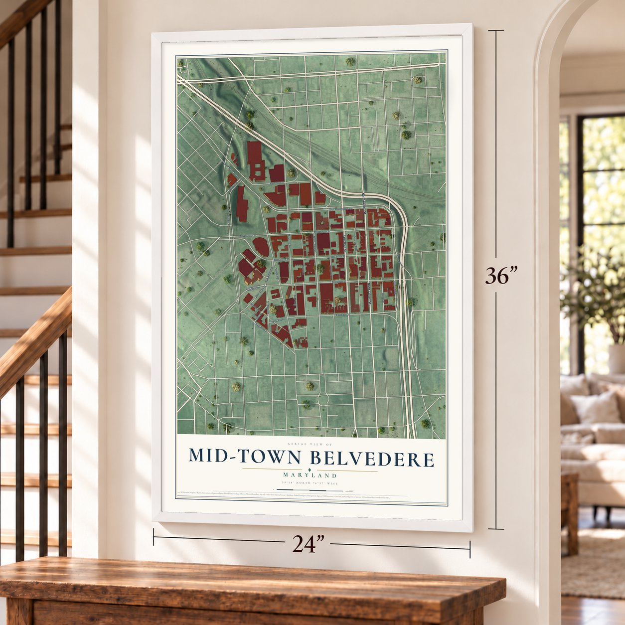 Mid-Town Belvedere, Maryland map, 24 x 36 inch print in a white frame by a staircase