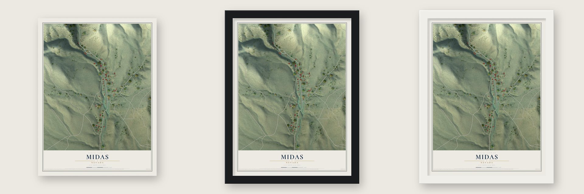 Midas, Nevada map unframed, in a black wood frame and in a white wood frame