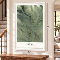 Midas, Nevada map, 24 x 36 inch print in a white frame by a staircase
