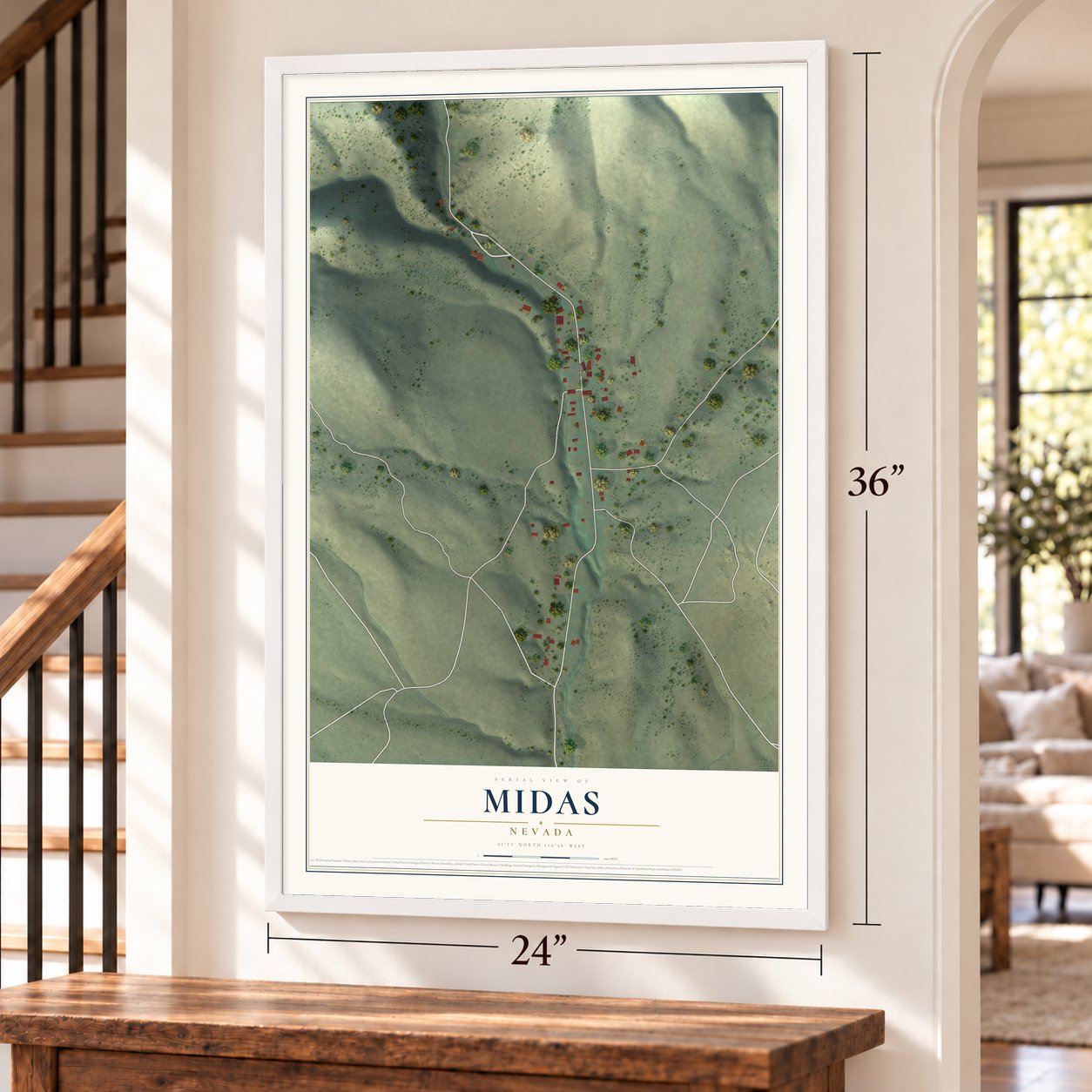 Midas, Nevada map, 24 x 36 inch print in a white frame by a staircase
