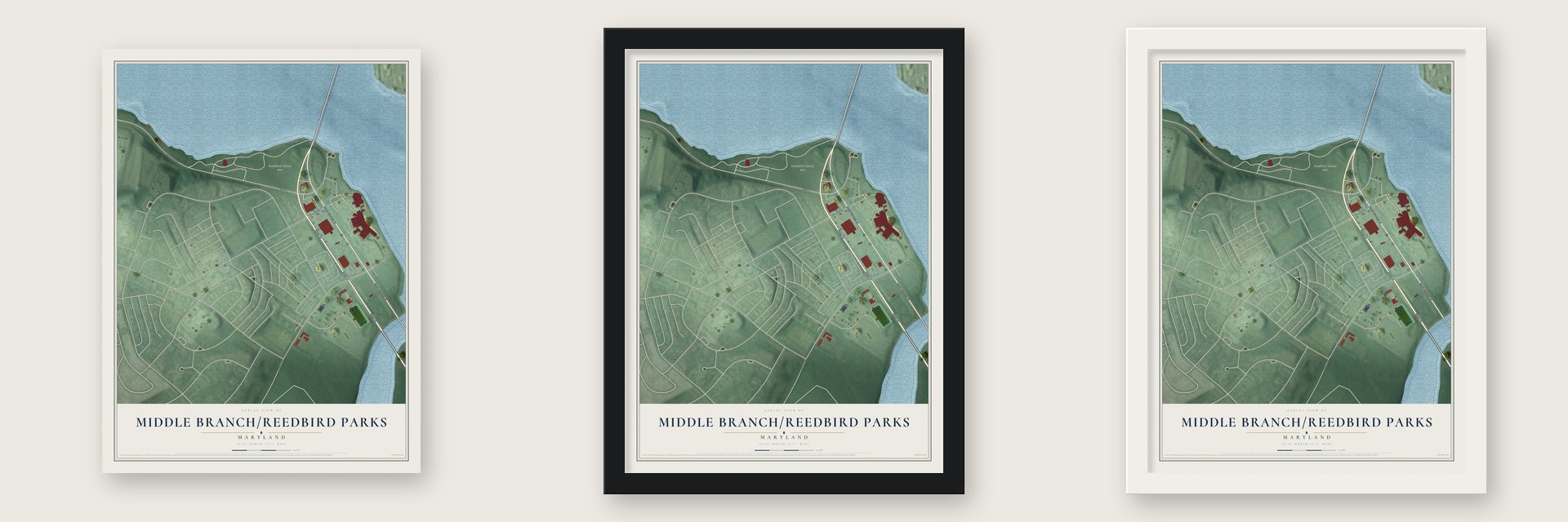 Middle Branch-Reedbird Parks, Maryland map unframed, in a black wood frame and in a white wood frame
