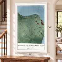 Middle Branch-Reedbird Parks, Maryland map, 24 x 36 inch print in a white frame by a staircase