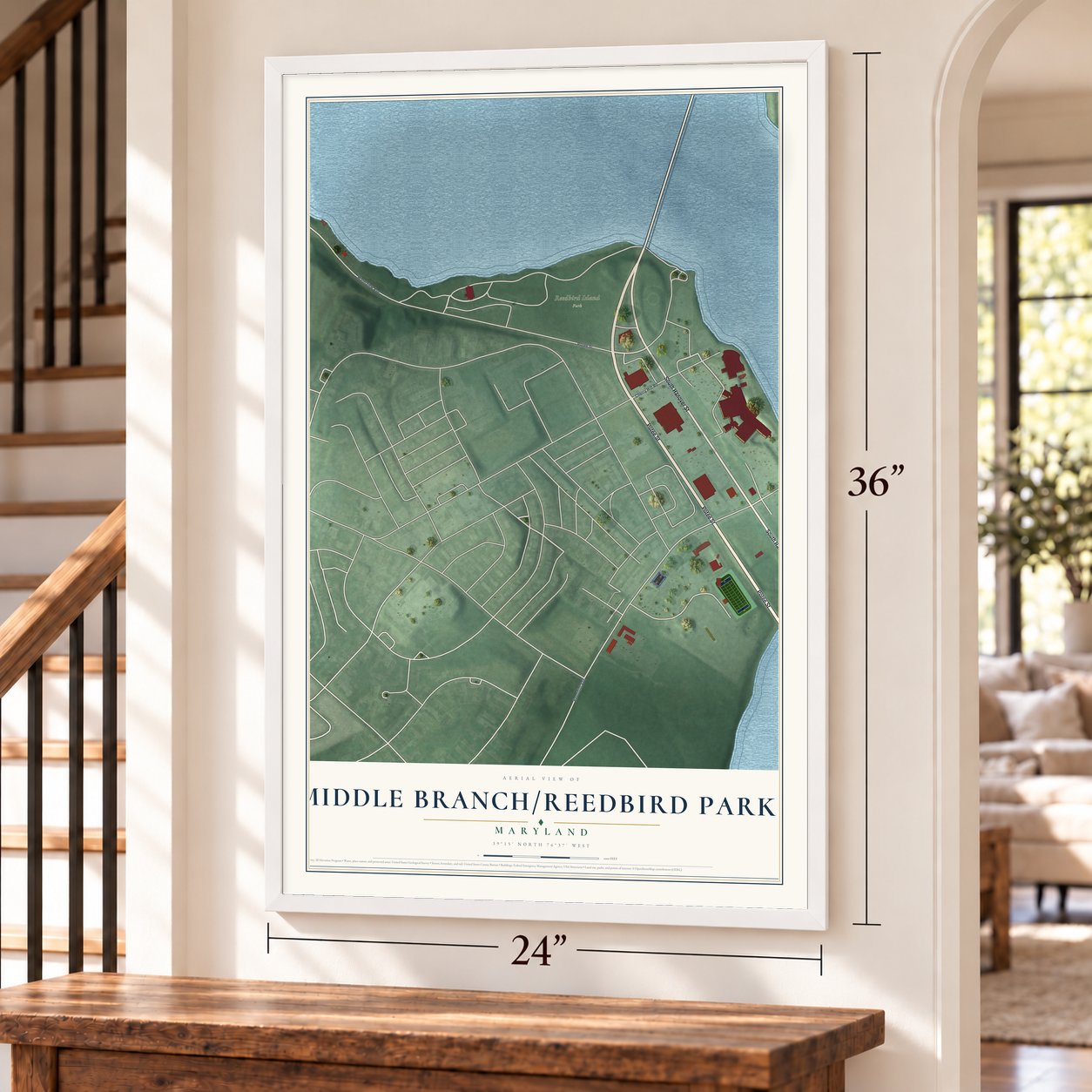 Middle Branch-Reedbird Parks, Maryland map, 24 x 36 inch print in a white frame by a staircase