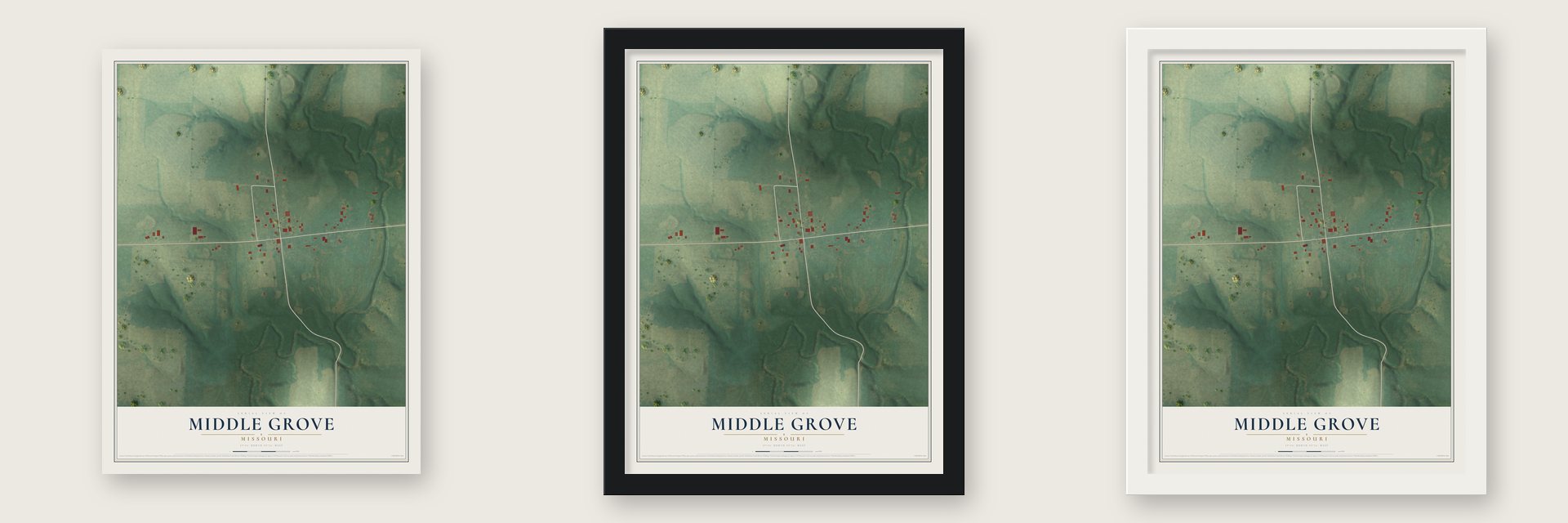 Middle Grove, Missouri map unframed, in a black wood frame and in a white wood frame