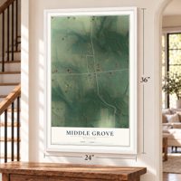 Middle Grove, Missouri map, 24 x 36 inch print in a white frame by a staircase