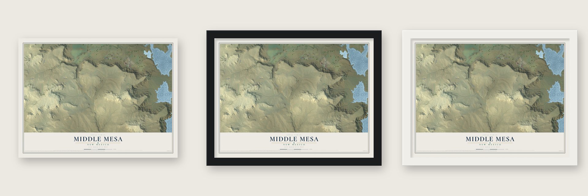Middle Mesa, New Mexico map unframed, in a black wood frame and in a white wood frame
