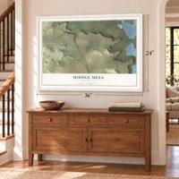Middle Mesa, New Mexico map, 24 x 36 inch print in a white frame above a dresser by a staircase