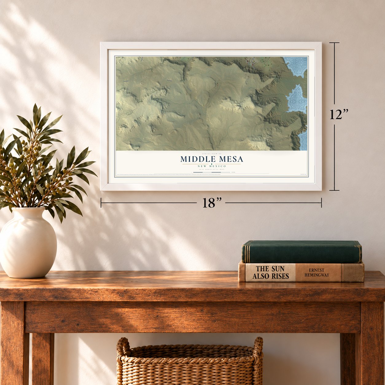 Middle Mesa, New Mexico map, 12 x 18 inch print in a white frame in an entryway