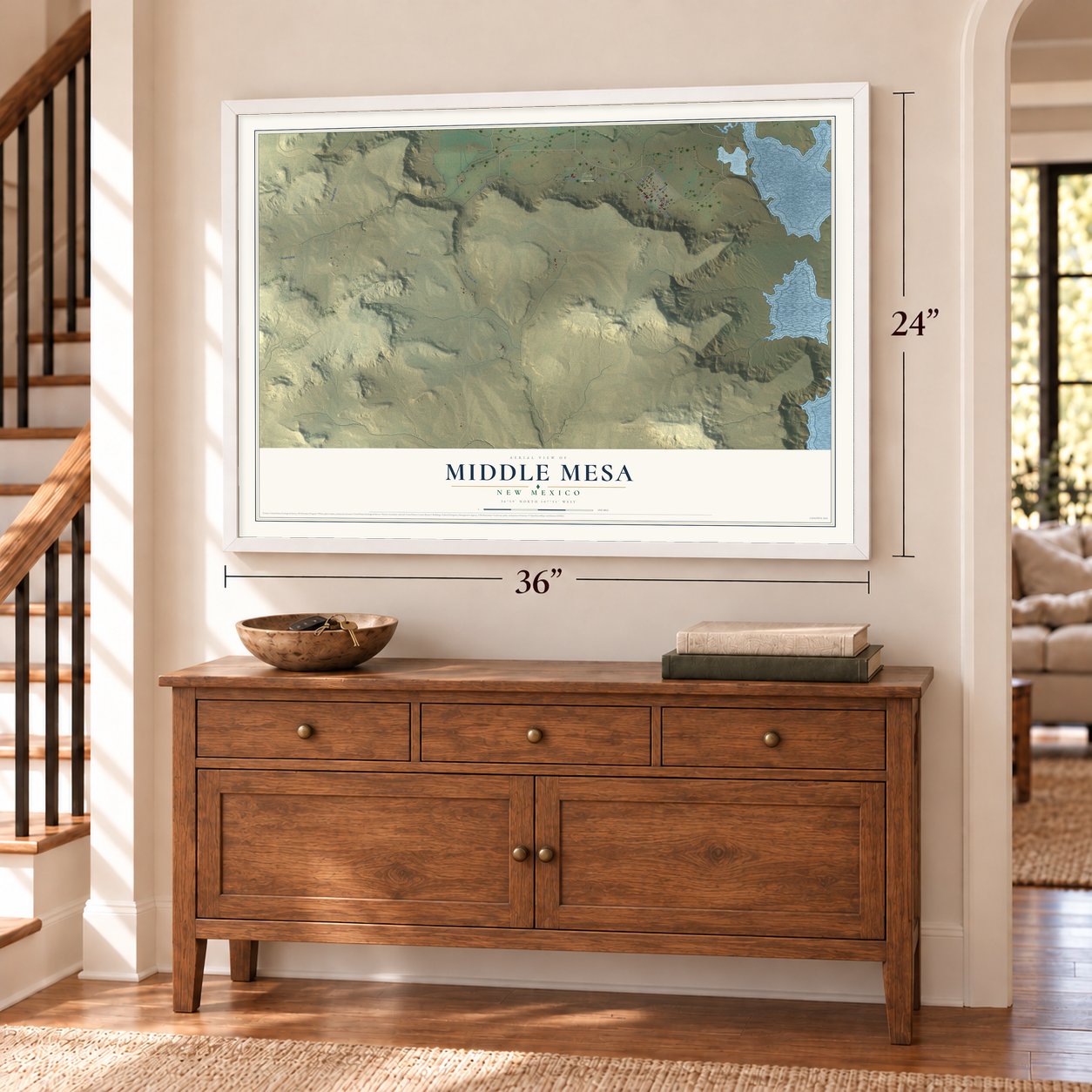 Middle Mesa, New Mexico map, 24 x 36 inch print in a white frame above a dresser by a staircase