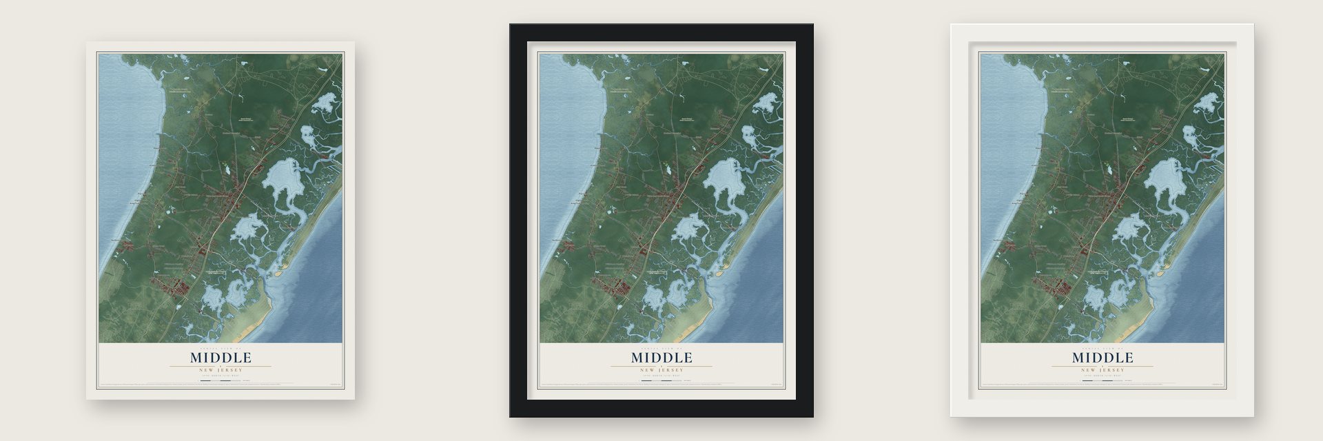 Middle, New Jersey map unframed, in a black wood frame and in a white wood frame