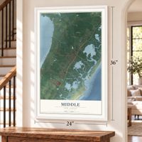 Middle, New Jersey map, 24 x 36 inch print in a white frame by a staircase
