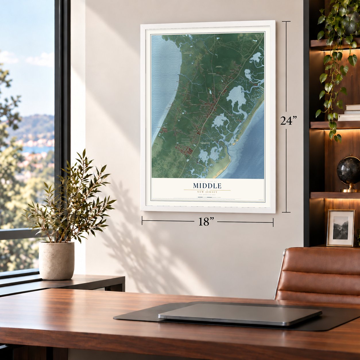 Middle, New Jersey map, 18 x 24 inch print in a white frame in a home office