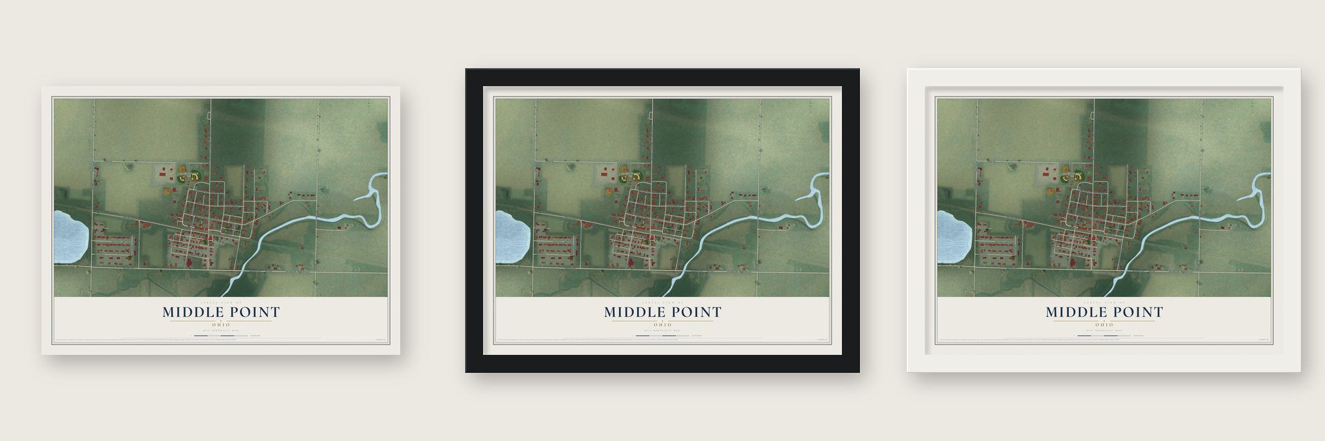 Middle Point, Ohio map unframed, in a black wood frame and in a white wood frame