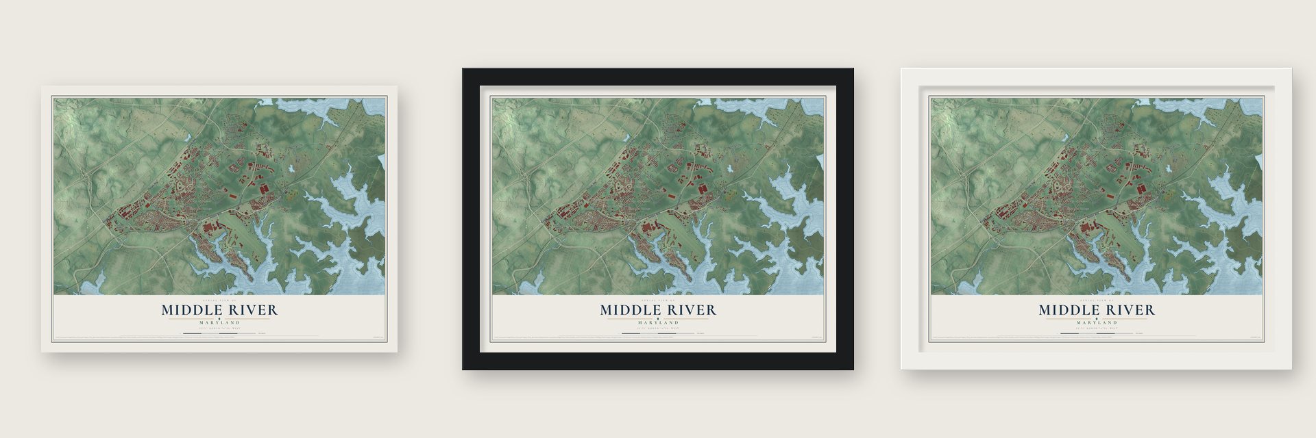Middle River, Maryland map unframed, in a black wood frame and in a white wood frame