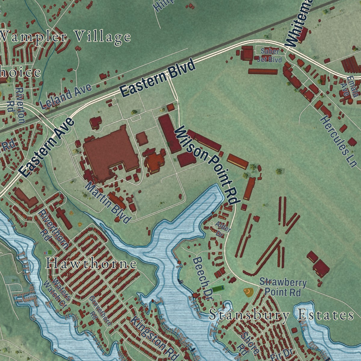 Second close-up of the map of Middle River, Maryland print showing more streets and buildings