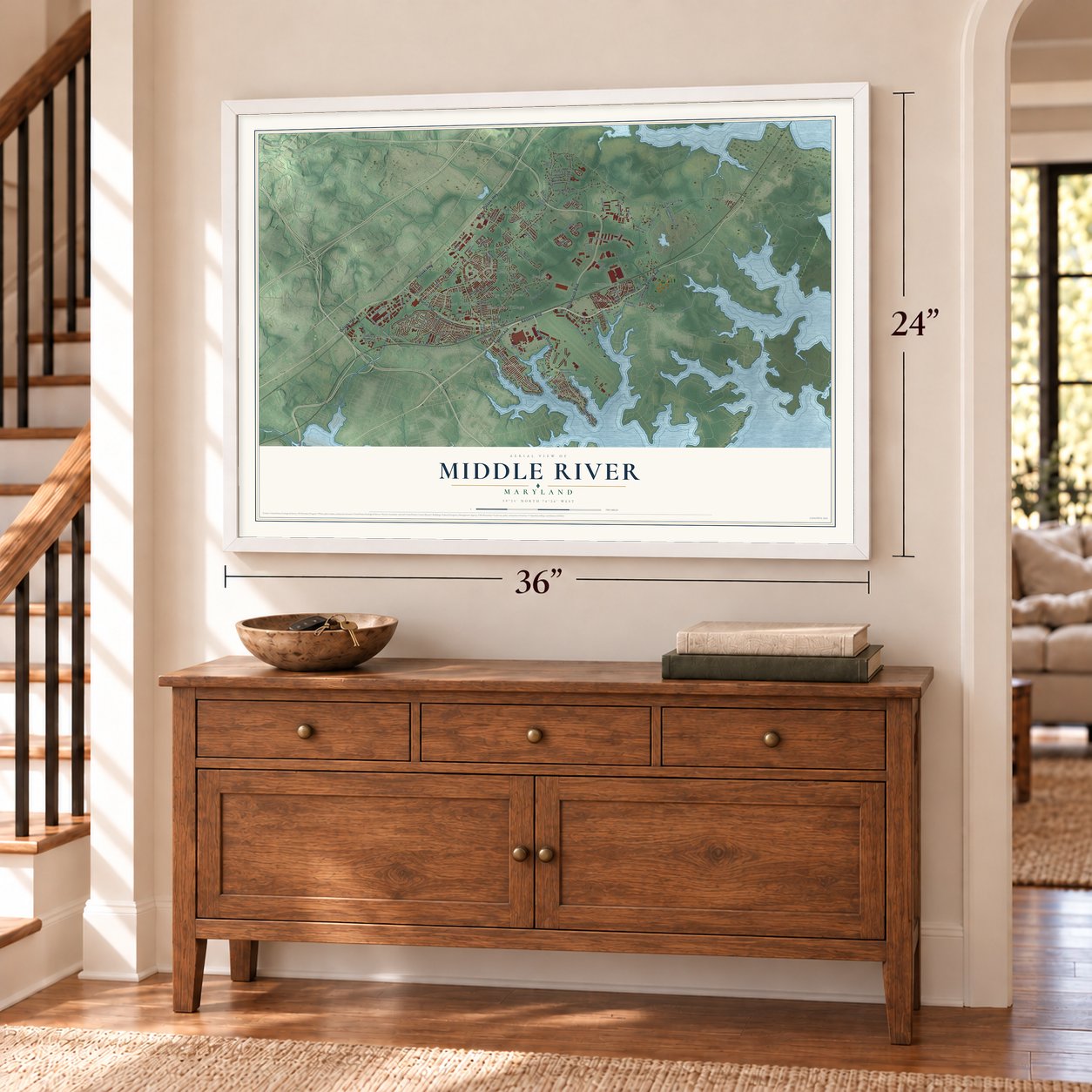 Middle River, Maryland map, 24 x 36 inch print in a white frame above a dresser by a staircase