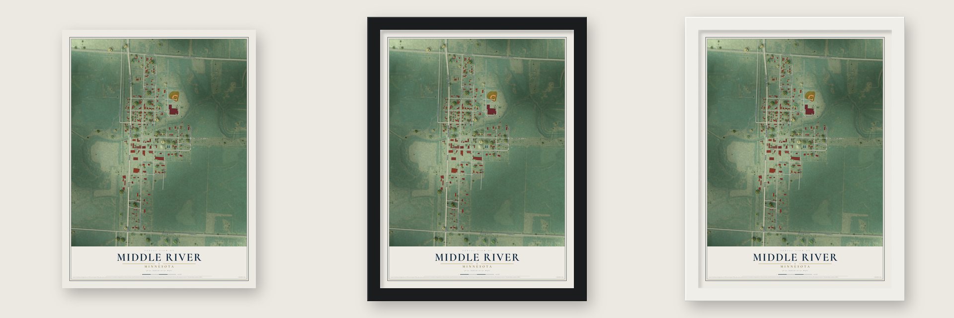 Middle River, Minnesota map unframed, in a black wood frame and in a white wood frame