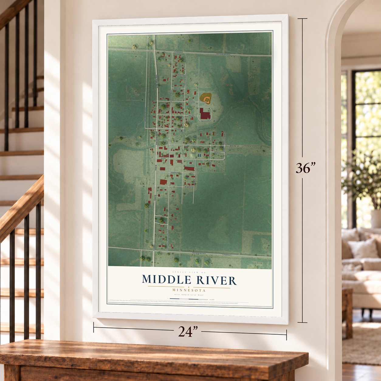 Middle River, Minnesota map, 24 x 36 inch print in a white frame by a staircase