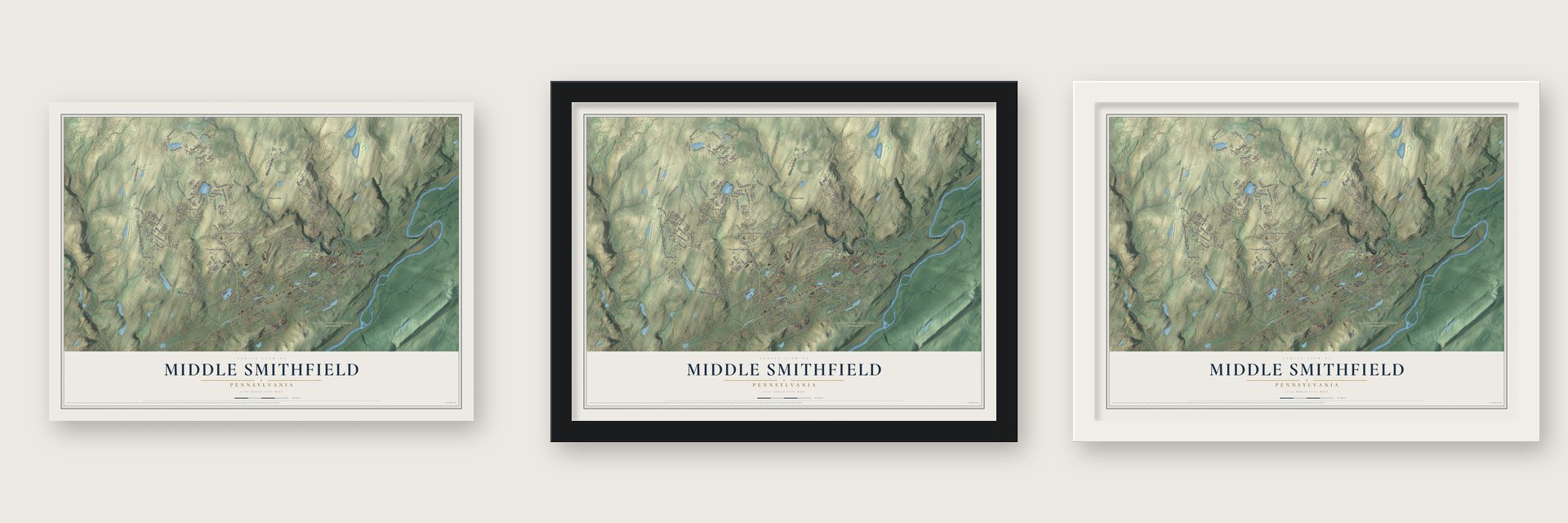 Middle Smithfield, Pennsylvania map unframed, in a black wood frame and in a white wood frame