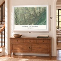 Middle Smithfield, Pennsylvania map, 24 x 36 inch print in a white frame above a dresser by a staircase