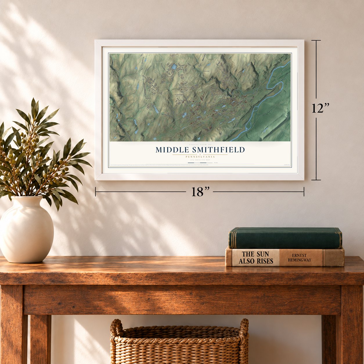 Middle Smithfield, Pennsylvania map, 12 x 18 inch print in a white frame in an entryway