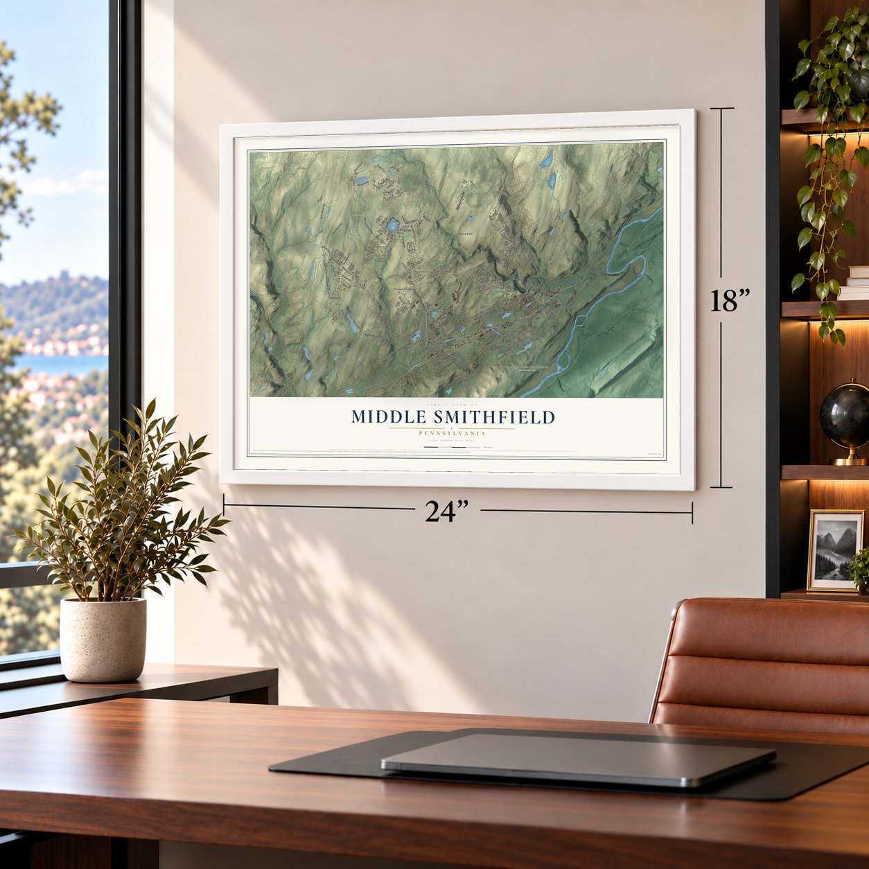 Middle Smithfield, Pennsylvania map, 18 x 24 inch print in a white frame in a home office