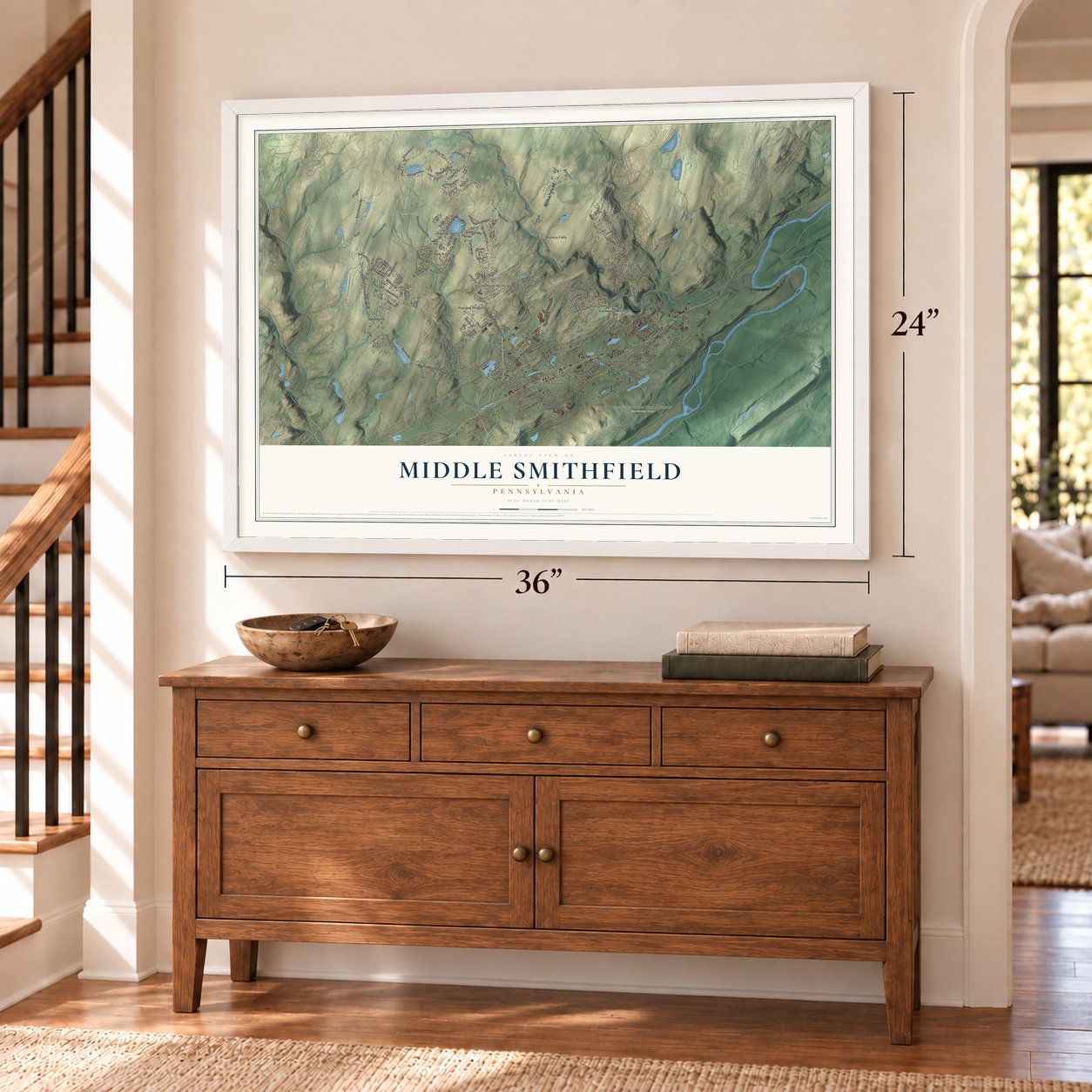 Middle Smithfield, Pennsylvania map, 24 x 36 inch print in a white frame above a dresser by a staircase