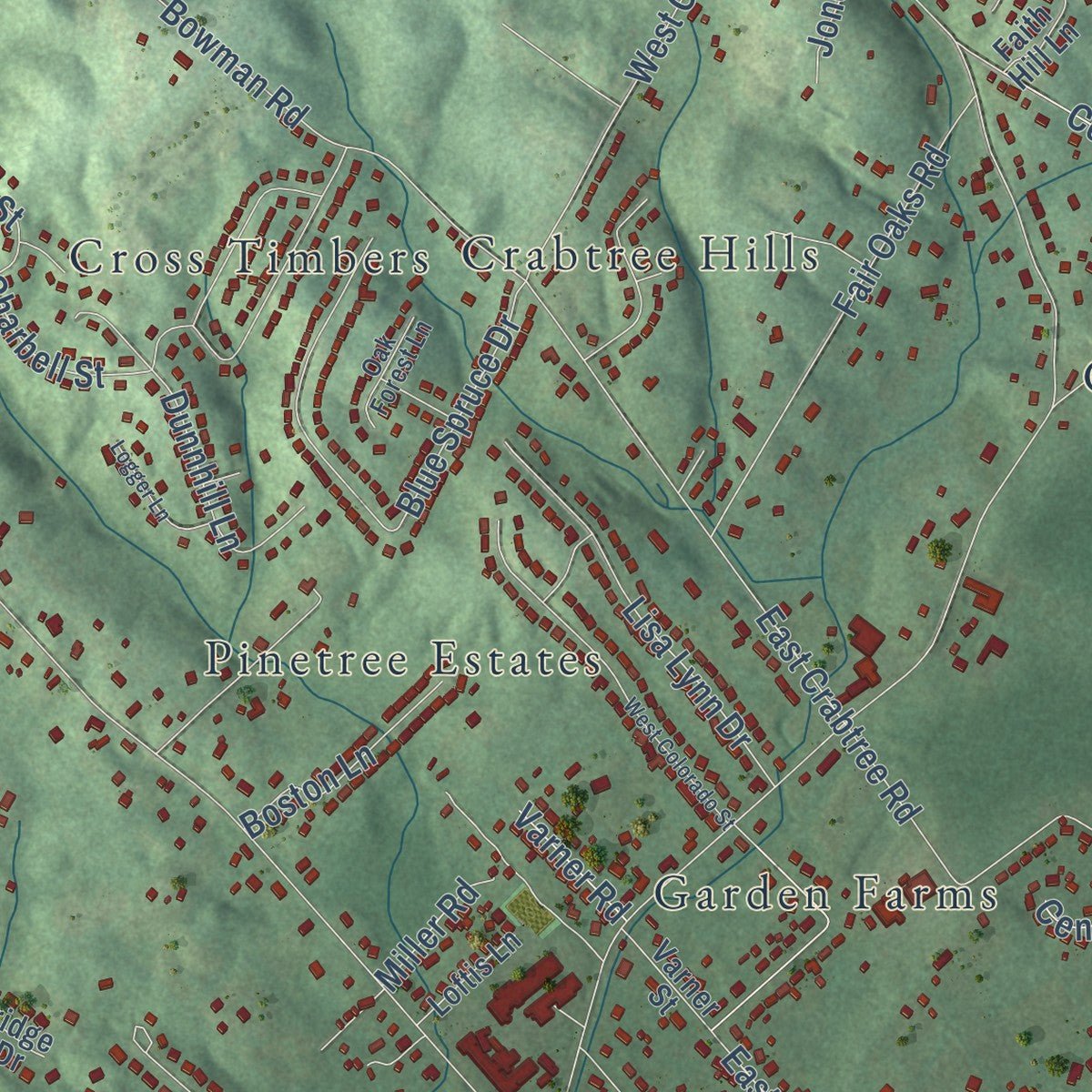 Second close-up of the map of Middle Valley, Tennessee print showing more streets and buildings