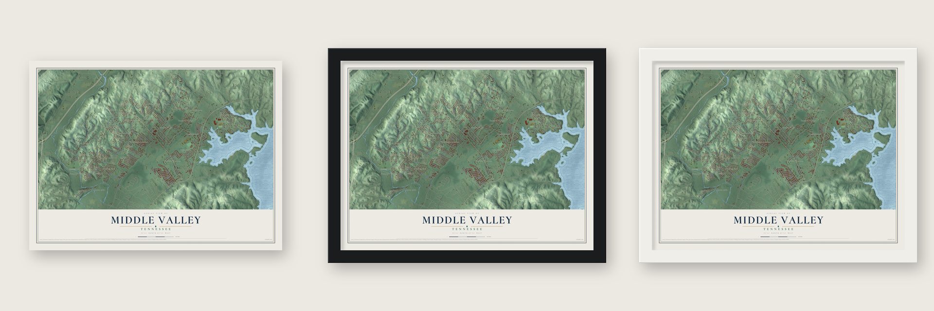 Middle Valley, Tennessee map unframed, in a black wood frame and in a white wood frame