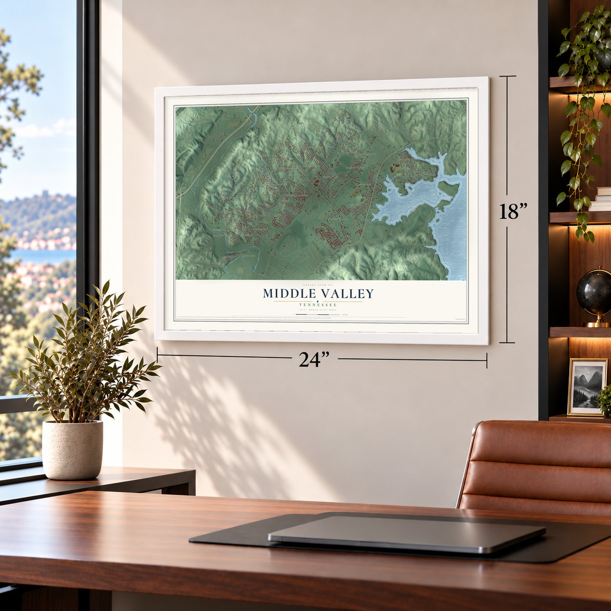 Middle Valley, Tennessee map, 18 x 24 inch print in a white frame in a home office