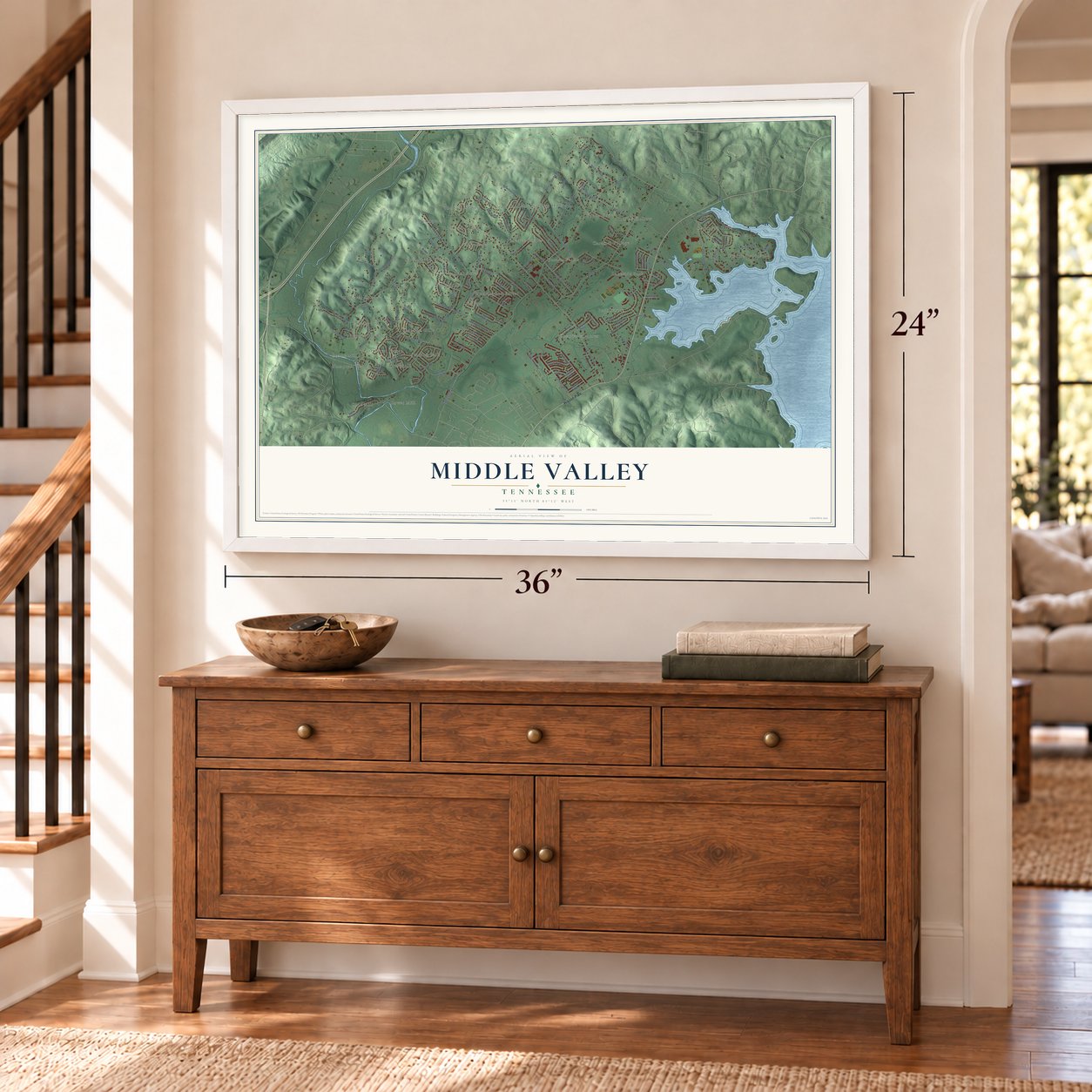 Middle Valley, Tennessee map, 24 x 36 inch print in a white frame above a dresser by a staircase