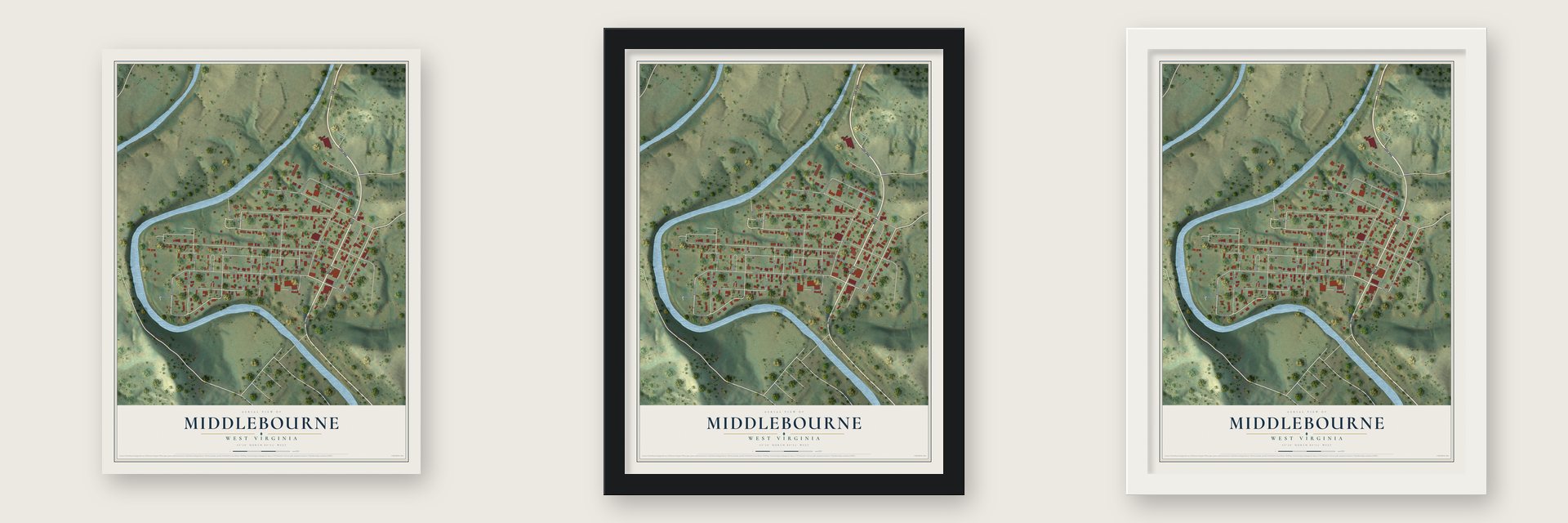 Middlebourne, West Virginia map unframed, in a black wood frame and in a white wood frame