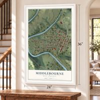 Middlebourne, West Virginia map, 24 x 36 inch print in a white frame by a staircase