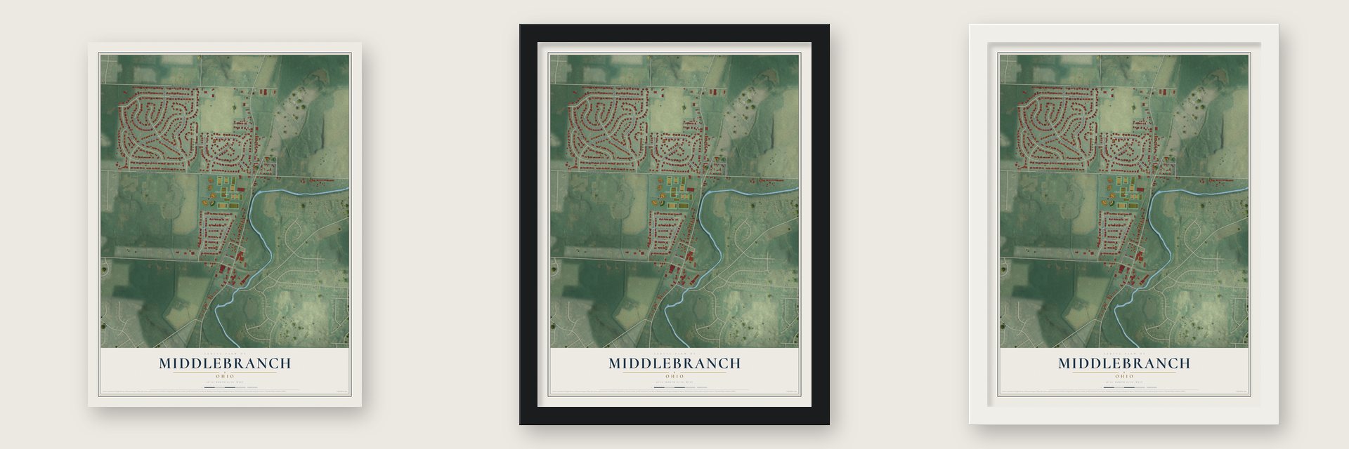 Middlebranch, Ohio map unframed, in a black wood frame and in a white wood frame