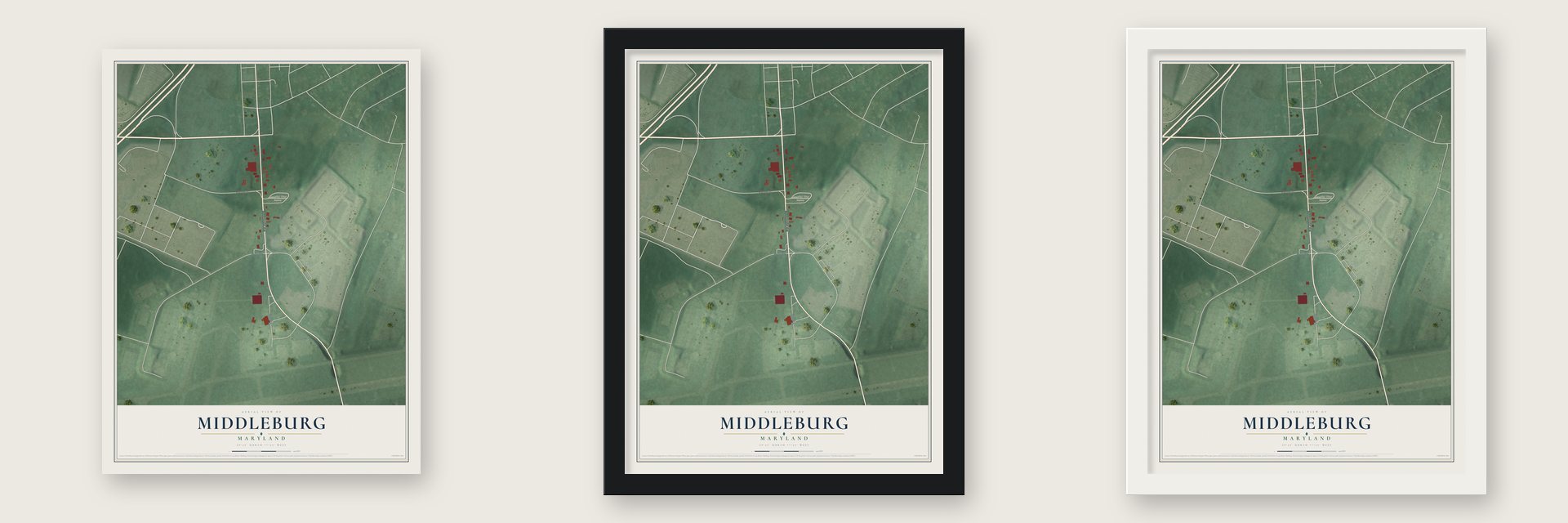 Middleburg, Maryland map unframed, in a black wood frame and in a white wood frame