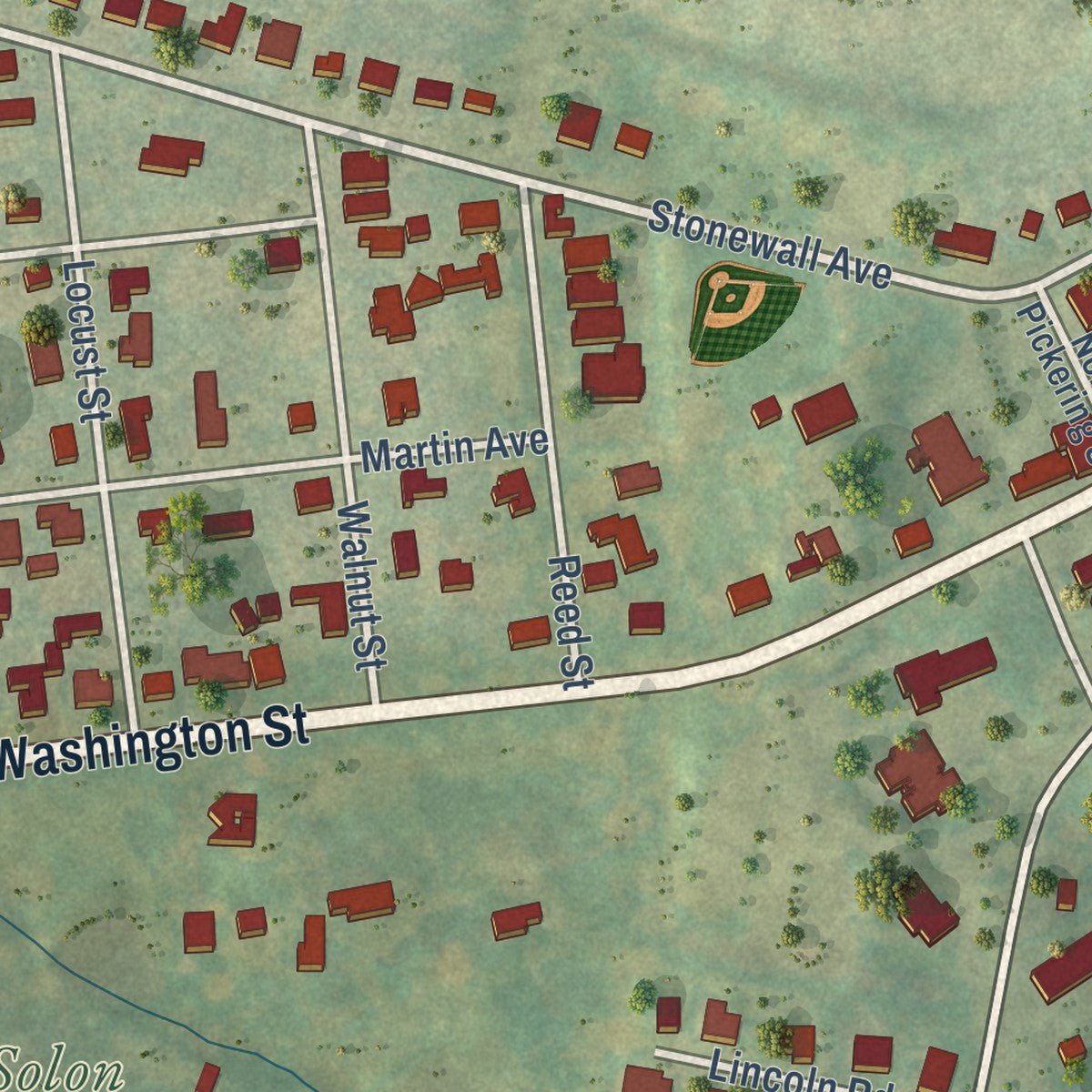 Second close-up of the map of Middleburg, Virginia print showing more streets and buildings