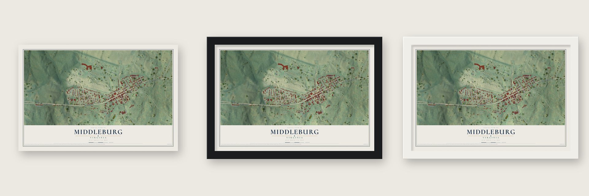 Middleburg, Virginia map unframed, in a black wood frame and in a white wood frame